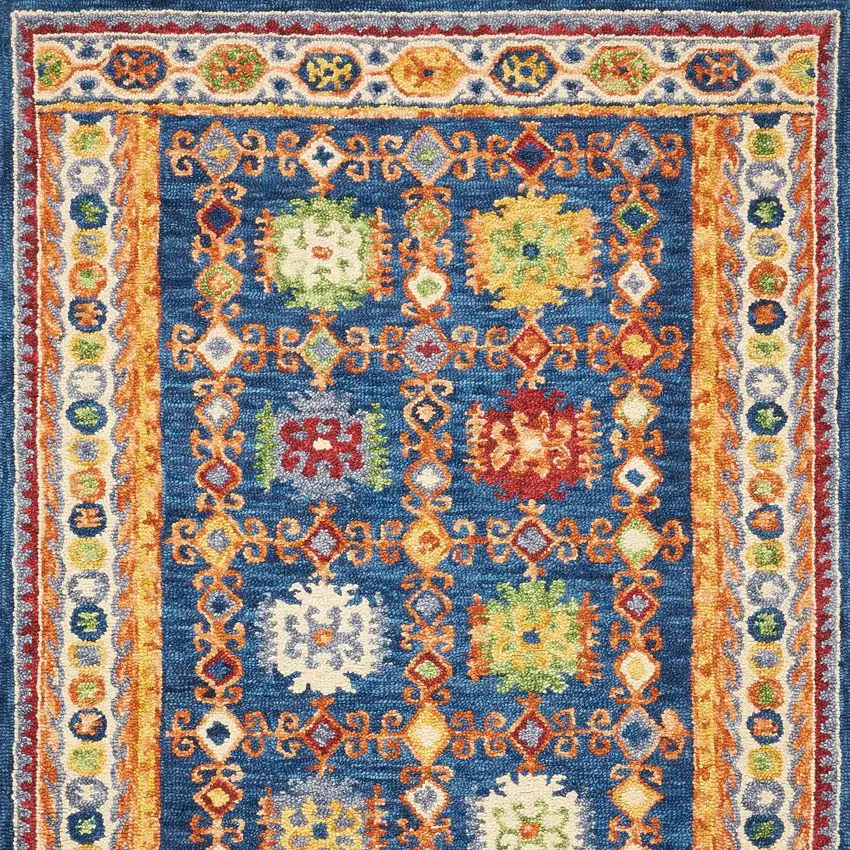 Navy Blue Orange And Green Wool Floral Hand Tufted Distressed Area Rug Photo 7