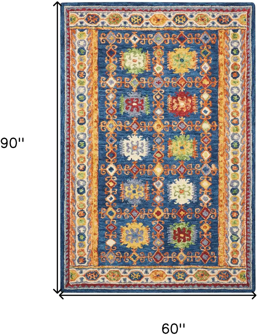 Navy Blue Orange And Green Wool Floral Hand Tufted Distressed Area Rug Photo 3