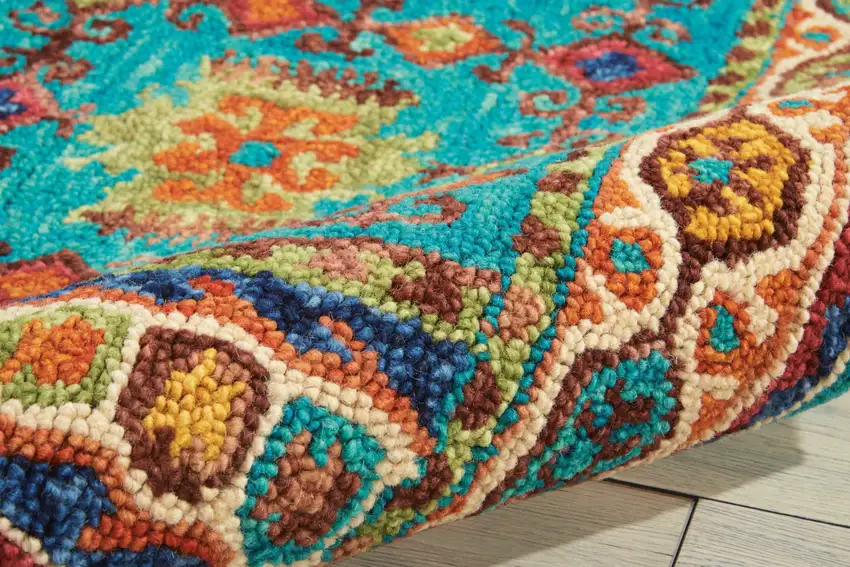 Navy Blue Orange And Green Wool Floral Hand Tufted Distressed Area Rug Photo 5