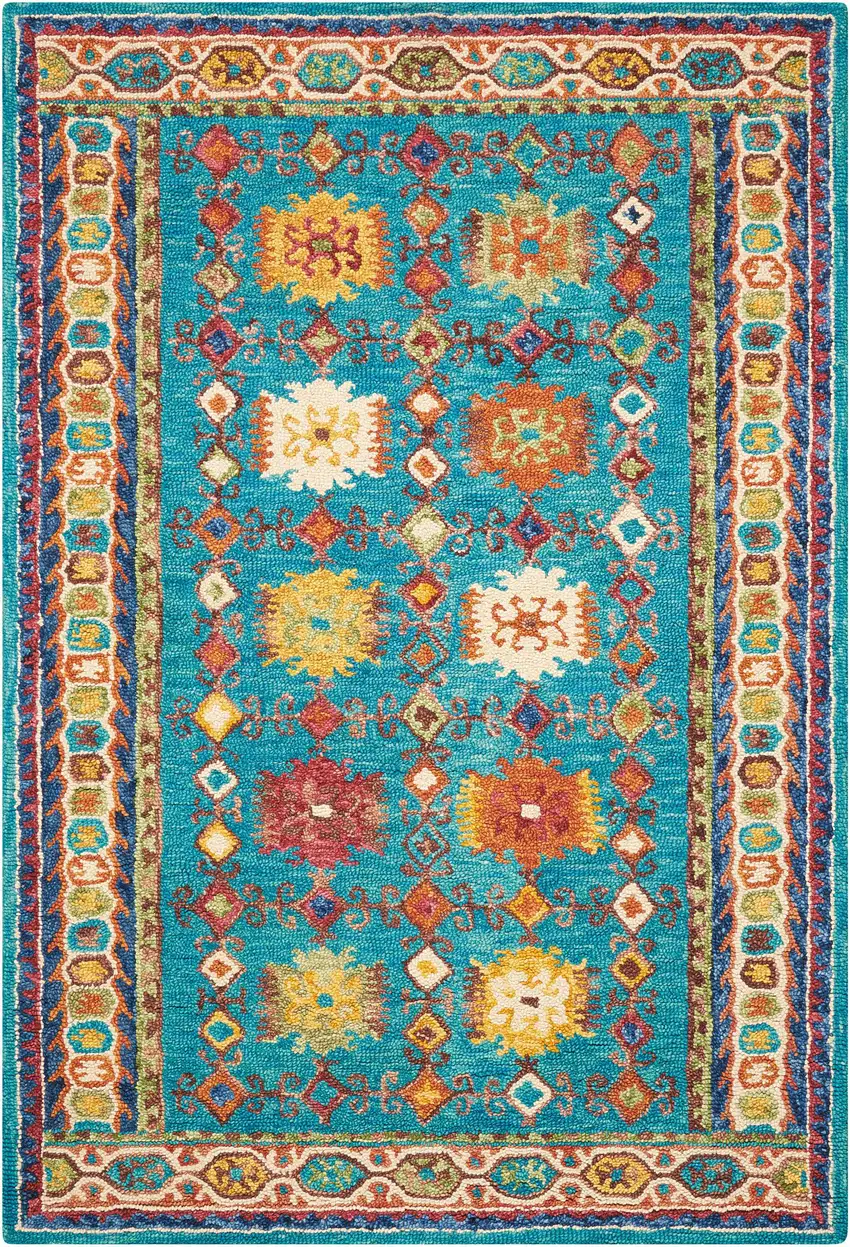 Navy Blue Orange And Green Wool Floral Hand Tufted Distressed Area Rug Photo 2