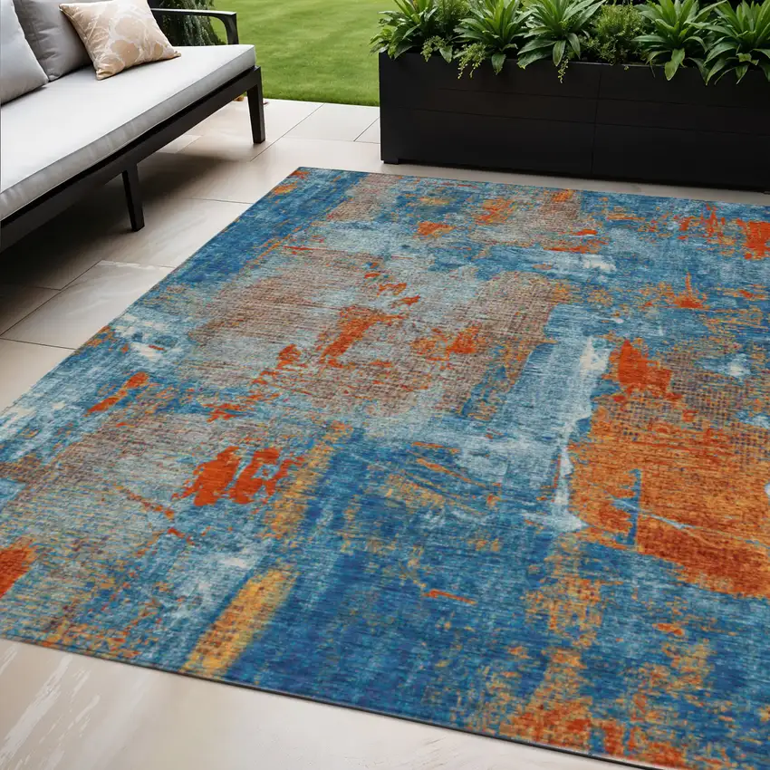 Navy Blue Orange And Ivory Abstract Washable Indoor Outdoor Area Rug Photo 1