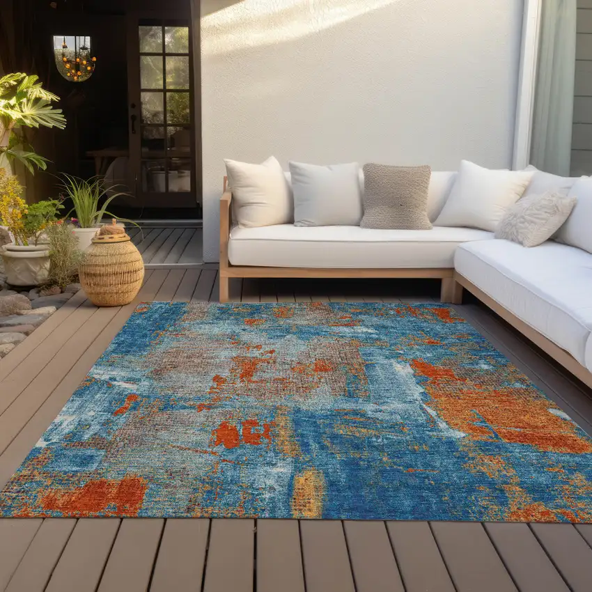 Navy Blue Orange And Ivory Abstract Washable Indoor Outdoor Area Rug Photo 8