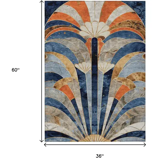 Navy Blue Orange And Ivory Geometric Washable Indoor Outdoor Area Rug Photo 9