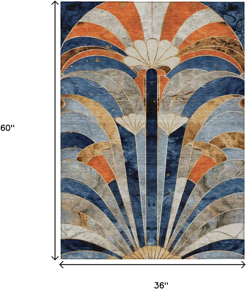 Navy Blue Orange And Ivory Geometric Washable Indoor Outdoor Area Rug Photo 9