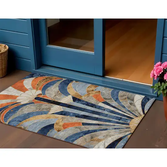 Navy Blue Orange And Ivory Geometric Washable Indoor Outdoor Area Rug Photo 2