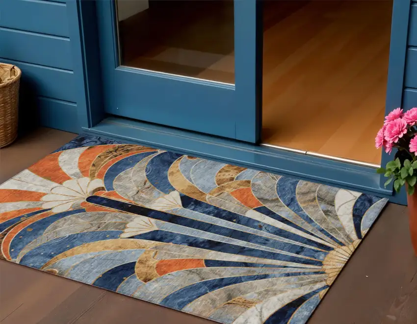 Navy Blue Orange And Ivory Geometric Washable Indoor Outdoor Area Rug Photo 2