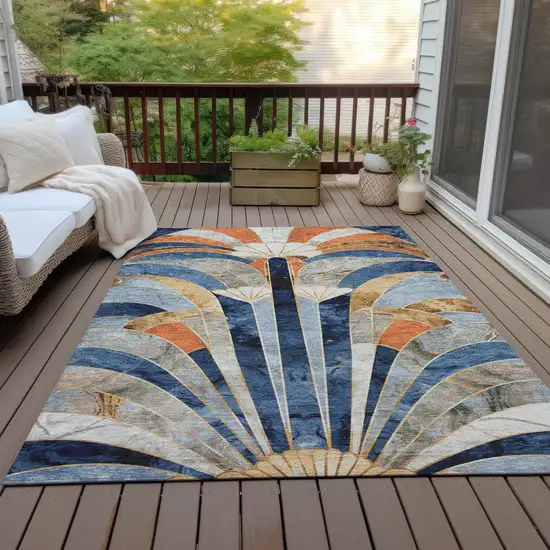 Navy Blue Orange And Ivory Geometric Washable Indoor Outdoor Area Rug Photo 5