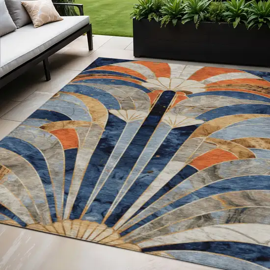 Navy Blue Orange And Ivory Geometric Washable Indoor Outdoor Area Rug Photo 2