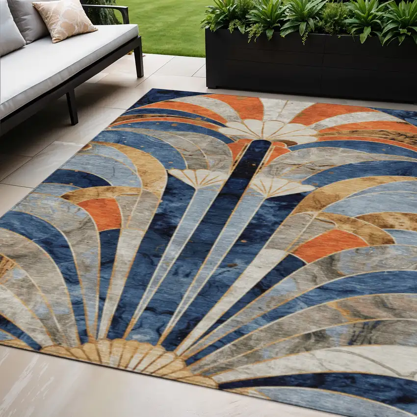 Navy Blue Orange And Ivory Geometric Washable Indoor Outdoor Area Rug Photo 2