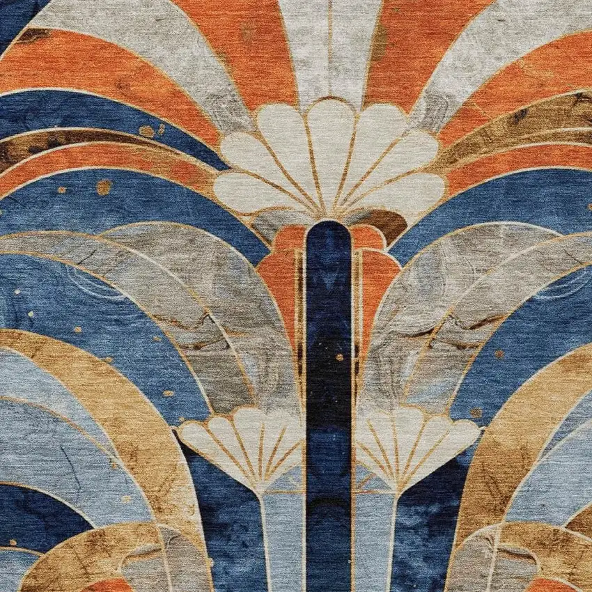 Navy Blue Orange And Ivory Geometric Washable Indoor Outdoor Area Rug Photo 6