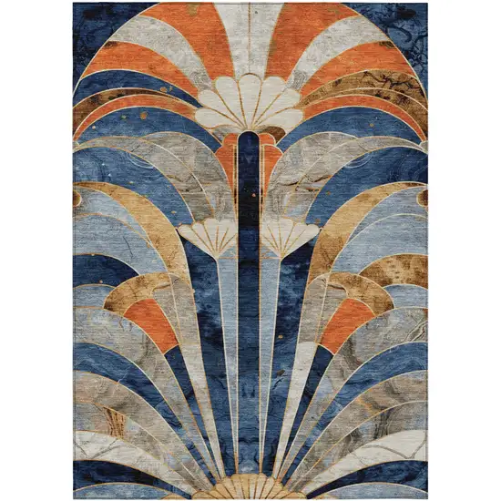 Navy Blue Orange And Ivory Geometric Washable Indoor Outdoor Area Rug Photo 1