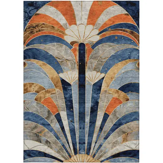 Navy Blue Orange And Ivory Geometric Washable Indoor Outdoor Area Rug Photo 3