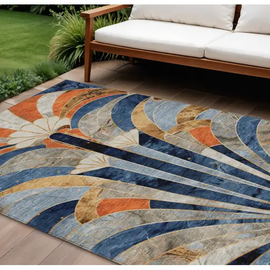 Navy Blue Orange And Ivory Geometric Washable Indoor Outdoor Area Rug Photo 2