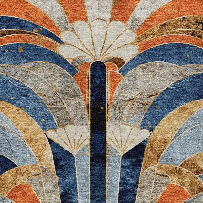 Navy Blue Orange And Ivory Geometric Washable Indoor Outdoor Area Rug Photo 5