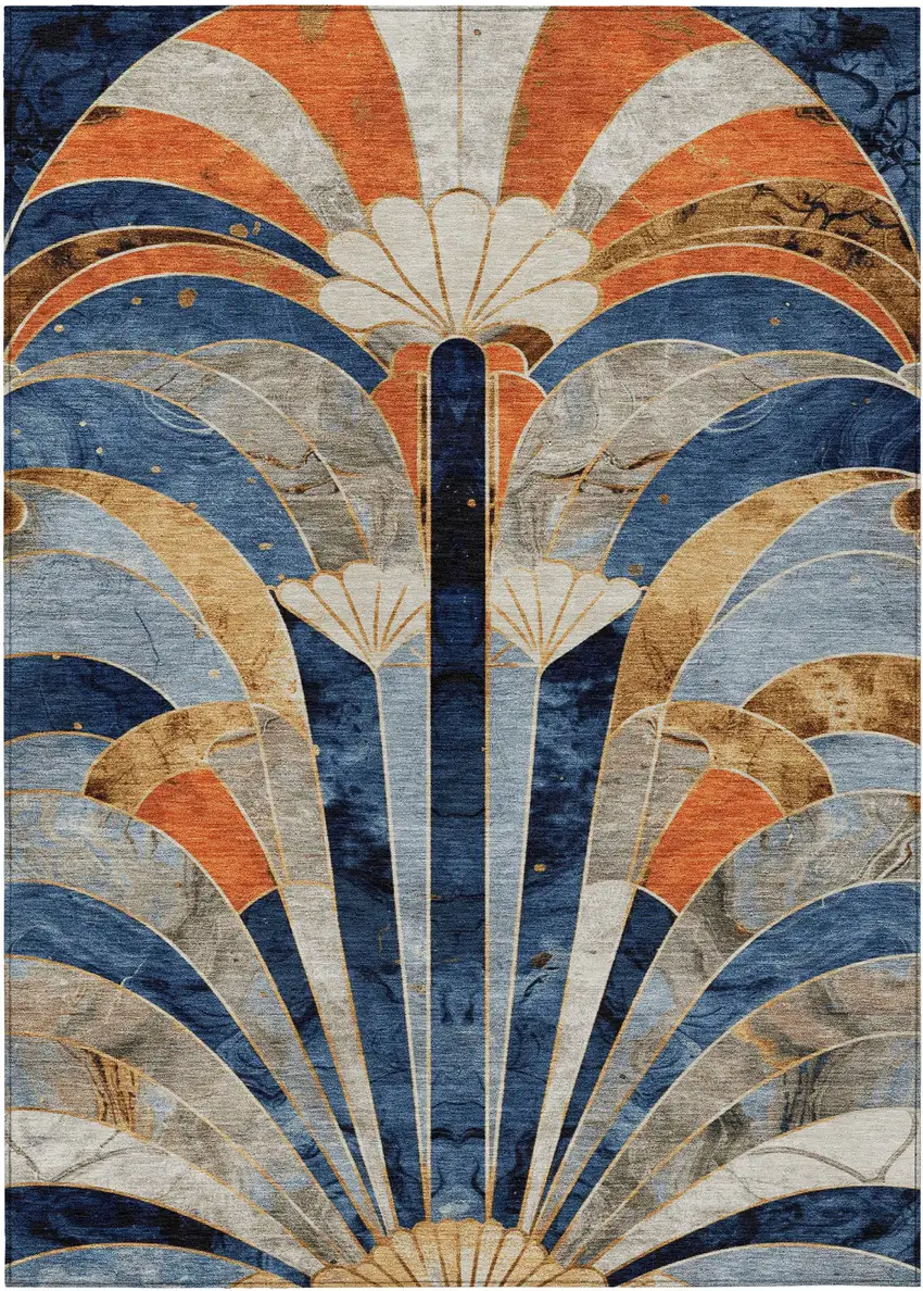 Navy Blue Orange And Ivory Geometric Washable Indoor Outdoor Area Rug Photo 1