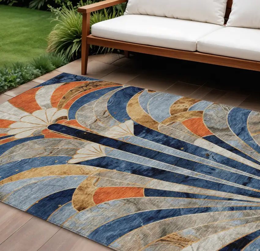 Navy Blue Orange And Ivory Geometric Washable Indoor Outdoor Area Rug Photo 2