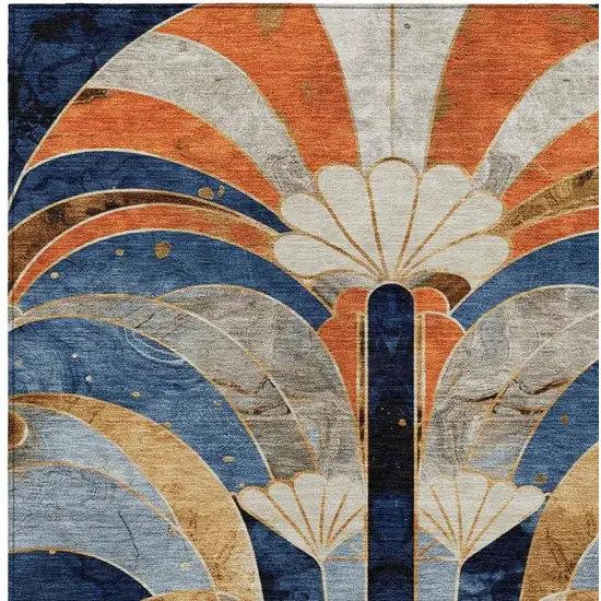 Navy Blue Orange And Ivory Geometric Washable Indoor Outdoor Area Rug Photo 5