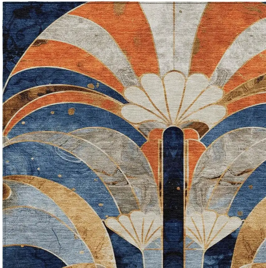 Navy Blue Orange And Ivory Geometric Washable Indoor Outdoor Area Rug Photo 5