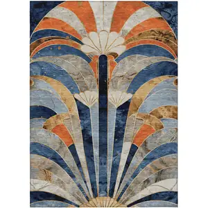 Photo of Navy Blue Orange And Ivory Geometric Washable Indoor Outdoor Area Rug