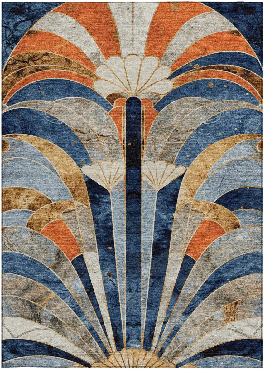 Navy Blue Orange And Ivory Geometric Washable Indoor Outdoor Area Rug Photo 3