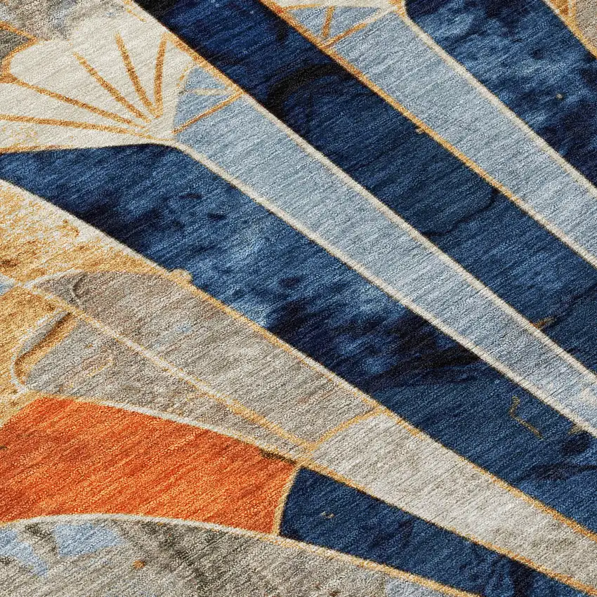 Navy Blue Orange And Ivory Geometric Washable Indoor Outdoor Area Rug Photo 6