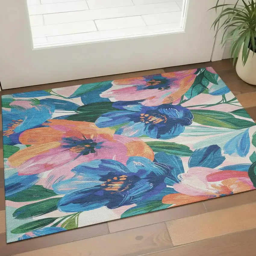 Navy Blue Orange And Pink Floral Washable Area Rug With UV Protection Photo 2
