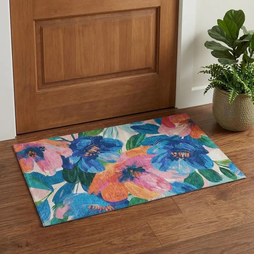 Navy Blue Orange And Pink Floral Washable Area Rug With UV Protection Photo 1