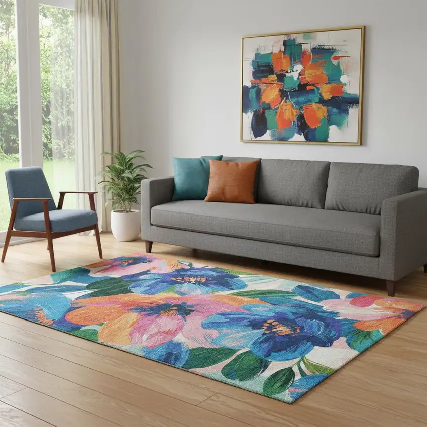 Navy Blue Orange And Pink Floral Washable Area Rug With UV Protection Photo 2