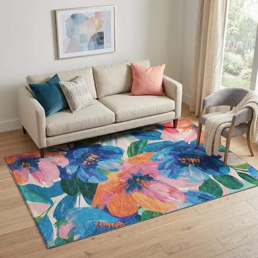 Navy Blue Orange And Pink Floral Washable Area Rug With UV Protection Photo 1