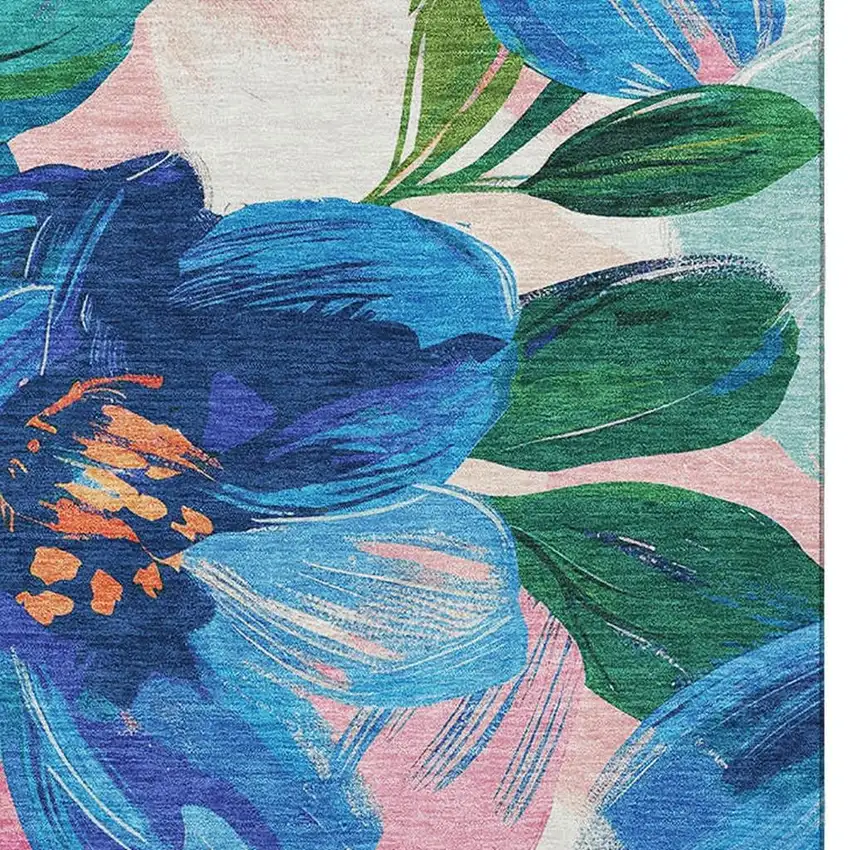 Navy Blue Orange And Pink Floral Washable Area Rug With UV Protection Photo 3