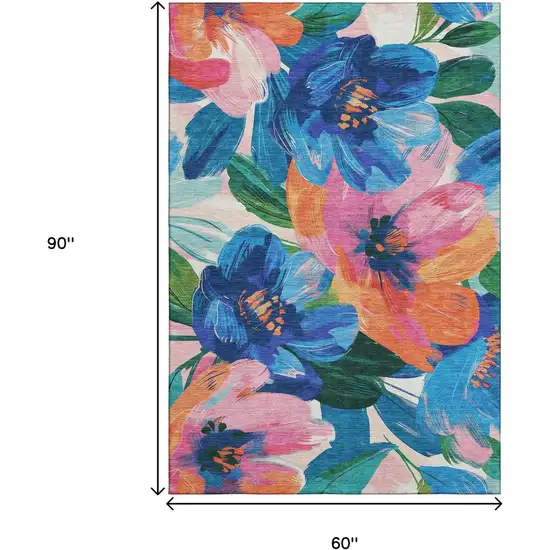 Navy Blue Orange And Pink Floral Washable Area Rug With UV Protection Photo 6