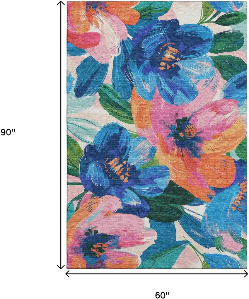 Navy Blue Orange And Pink Floral Washable Area Rug With UV Protection Photo 6