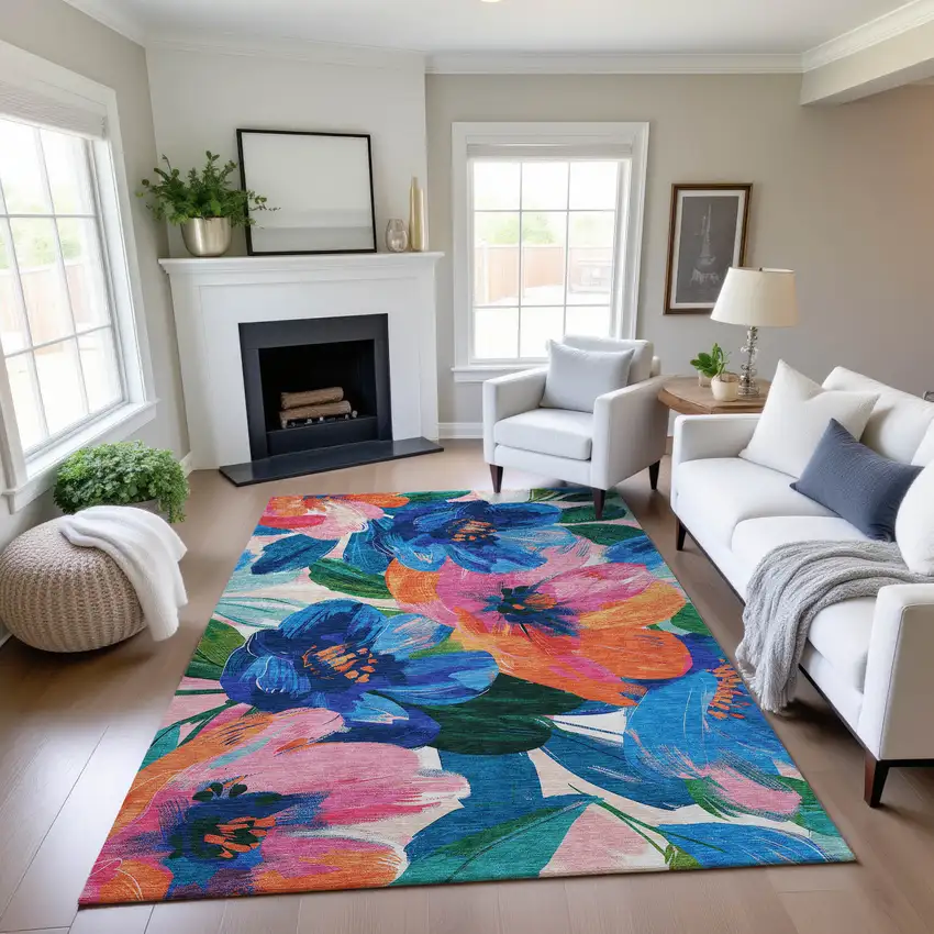 Navy Blue Orange And Pink Floral Washable Area Rug With UV Protection Photo 4