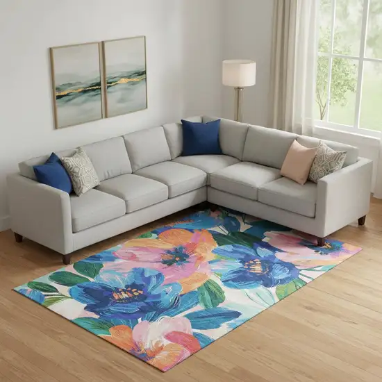 Navy Blue Orange And Pink Floral Washable Area Rug With UV Protection Photo 1