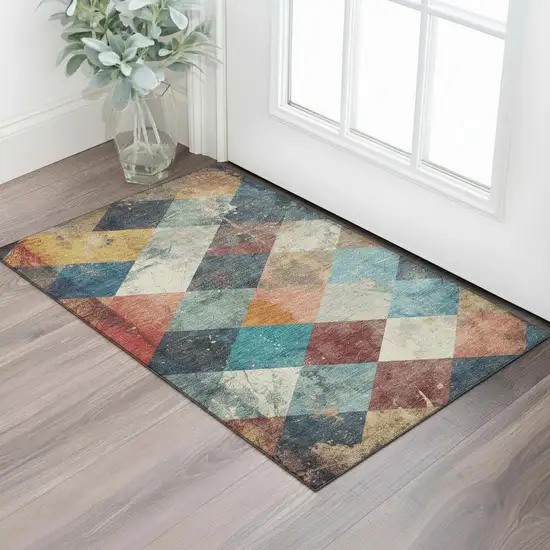 Navy Blue Orange And Red Geometric Washable Area Rug With UV Protection Photo 1