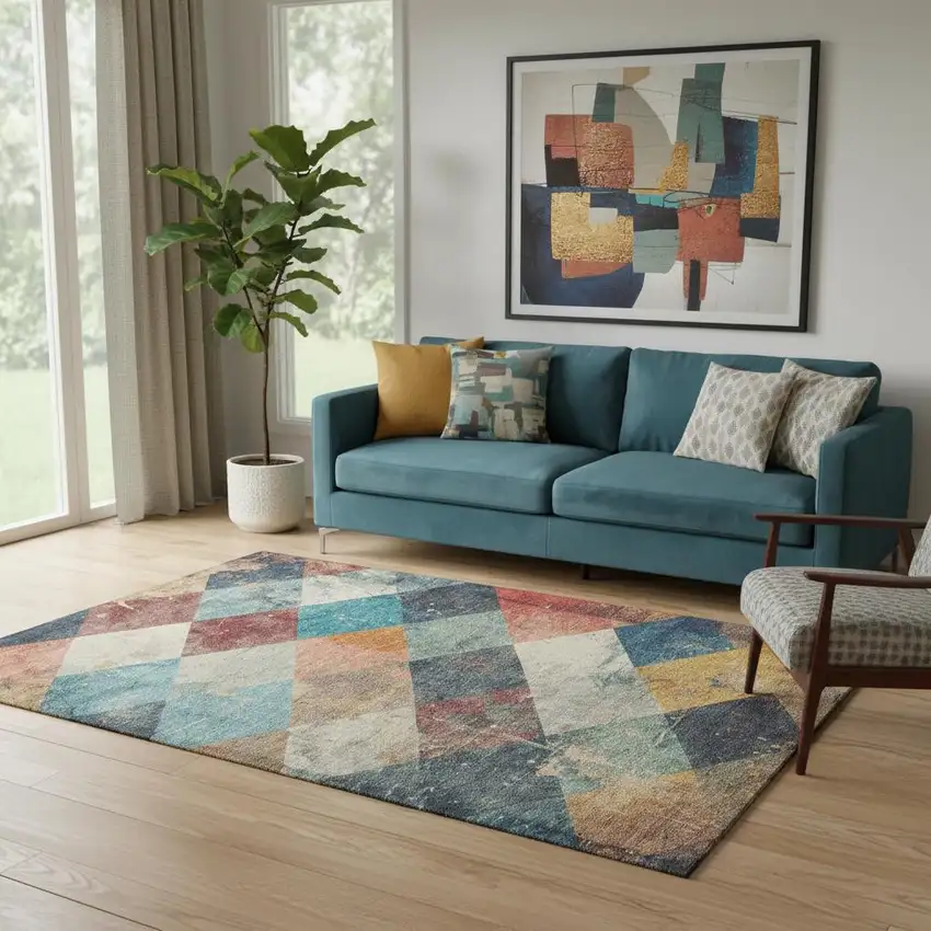 Navy Blue Orange And Red Geometric Washable Area Rug With UV Protection Photo 2