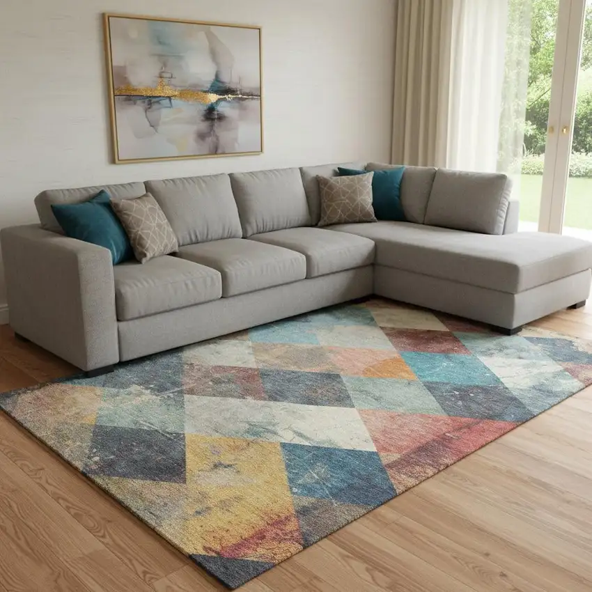 Navy Blue Orange And Red Geometric Washable Area Rug With UV Protection Photo 2