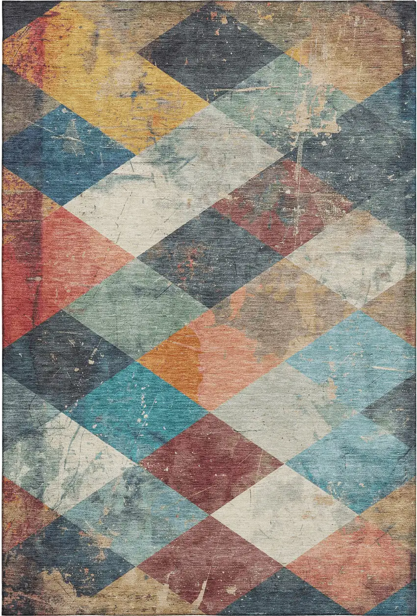 Navy Blue Orange And Red Geometric Washable Area Rug With UV Protection Photo 1