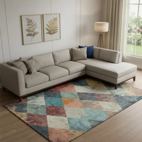 Navy Blue Orange And Red Geometric Washable Area Rug With UV Protection Photo 2