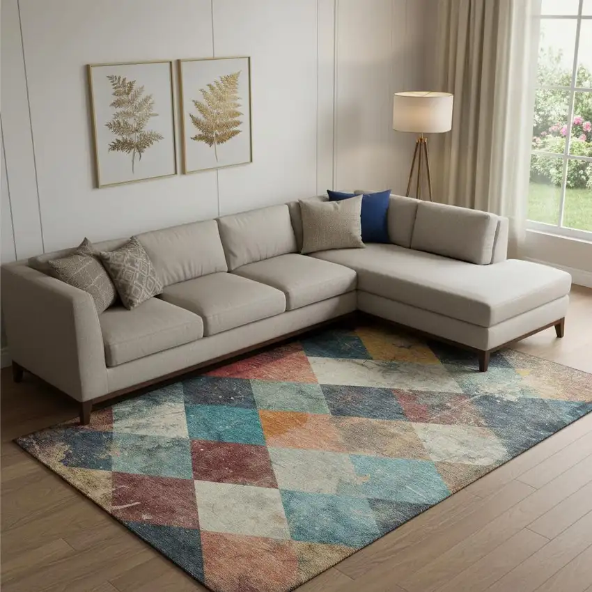 Navy Blue Orange And Red Geometric Washable Area Rug With UV Protection Photo 2