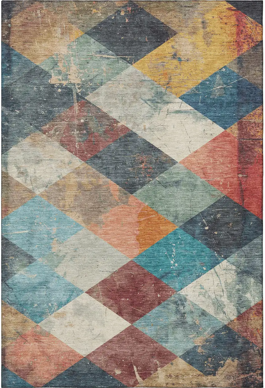 Navy Blue Orange And Red Geometric Washable Area Rug With UV Protection Photo 3