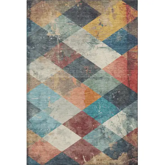 Navy Blue Orange And Red Geometric Washable Area Rug With UV Protection Photo 3