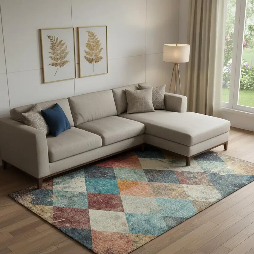 Navy Blue Orange And Red Geometric Washable Area Rug With UV Protection Photo 2