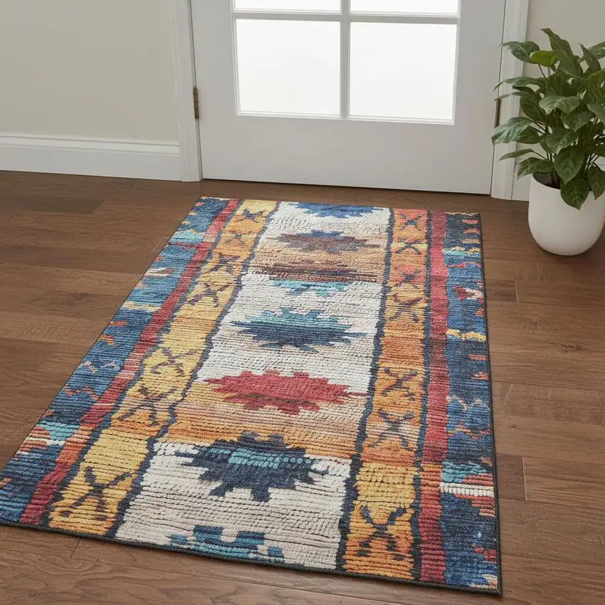 Navy Blue Orange And Red Tribal Washable Area Rug With UV Protection Photo 2