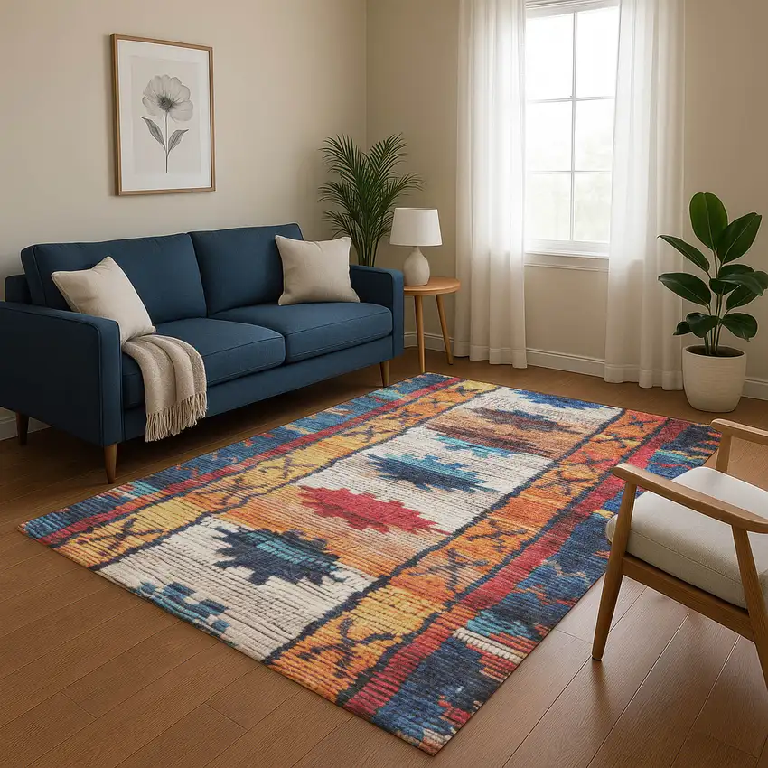 Navy Blue Orange And Red Tribal Washable Area Rug With UV Protection Photo 4
