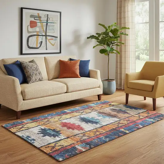 Navy Blue Orange And Red Tribal Washable Area Rug With UV Protection Photo 2