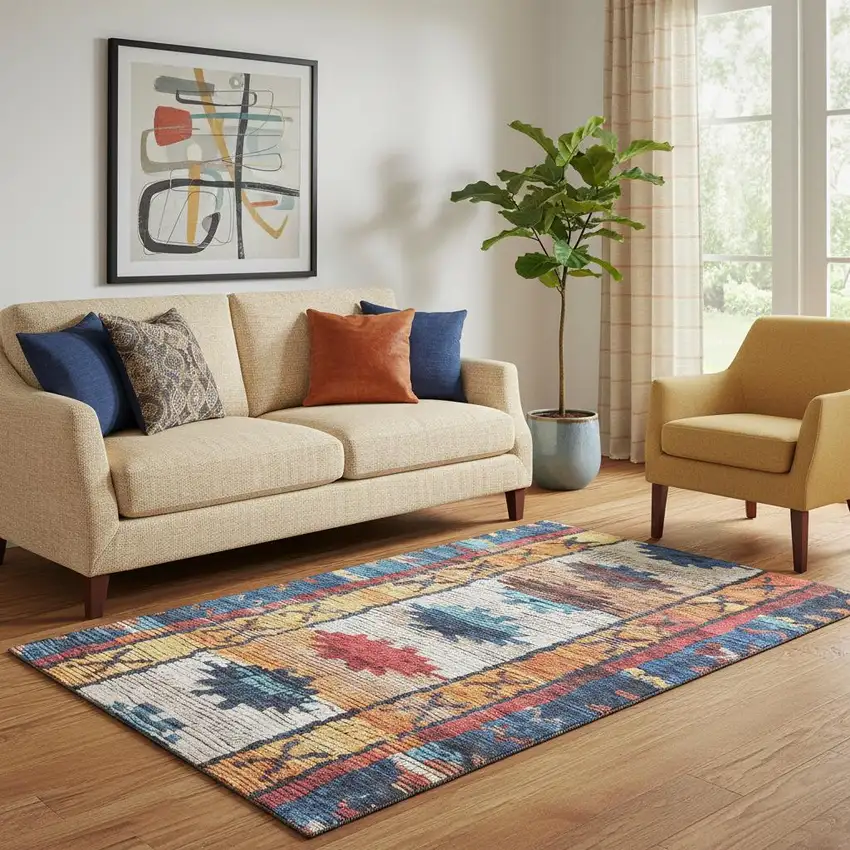 Navy Blue Orange And Red Tribal Washable Area Rug With UV Protection Photo 2