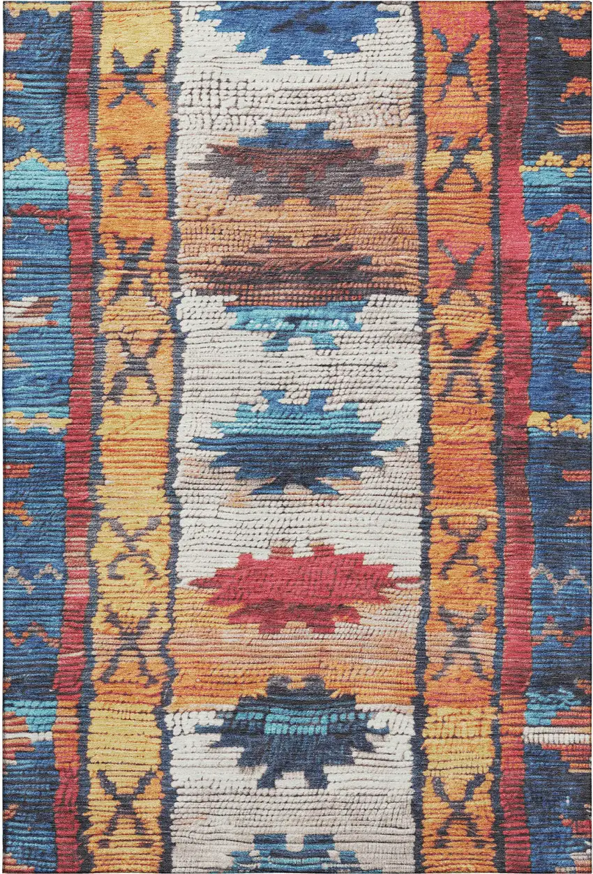 Navy Blue Orange And Red Tribal Washable Area Rug With UV Protection Photo 1