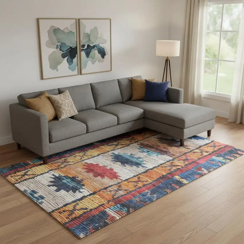 Navy Blue Orange And Red Tribal Washable Area Rug With UV Protection Photo 2