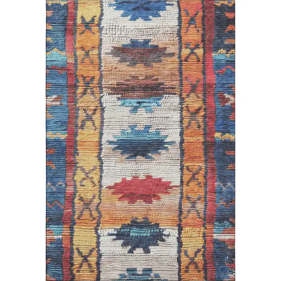Navy Blue Orange And Red Tribal Washable Area Rug With UV Protection Photo 1
